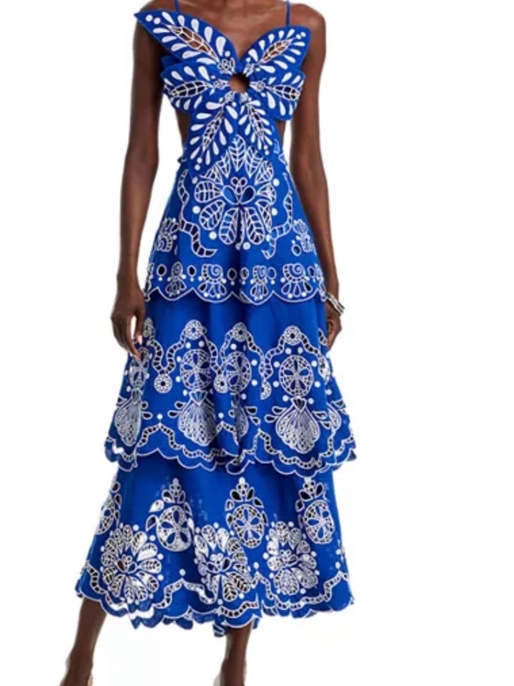 FARM Rio Cobalt Blue Tiered Midi Dress with White Embroidery